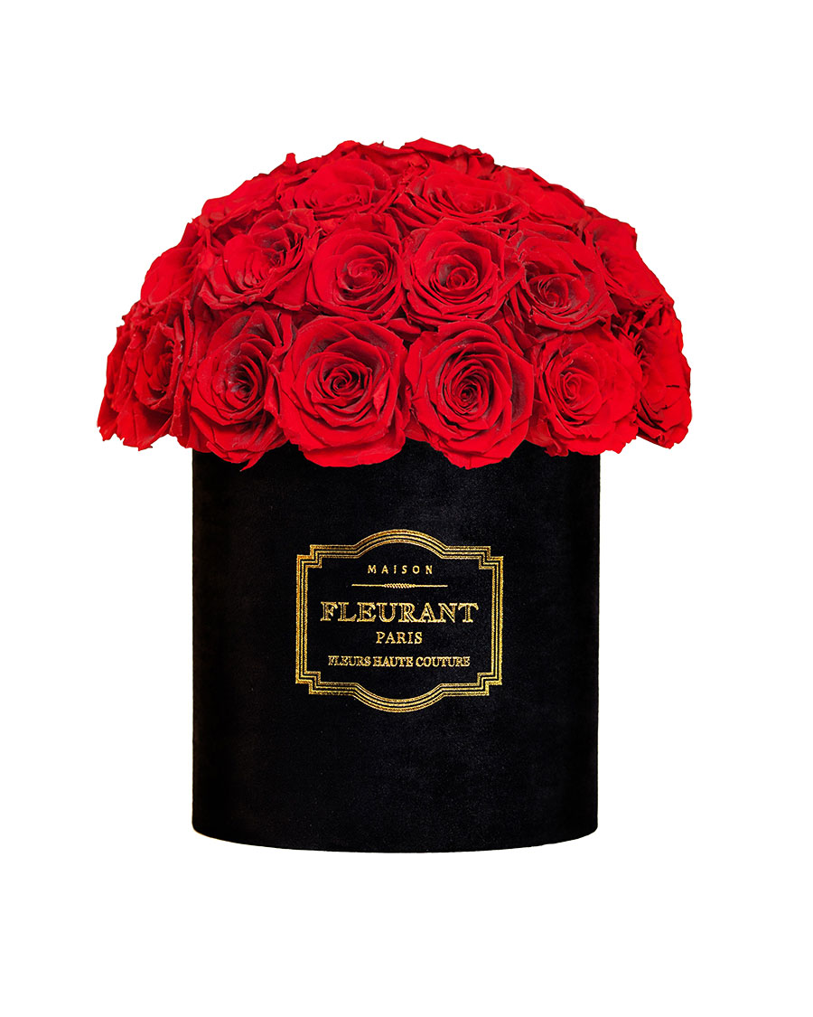 Roses rouges large, fleurs éternelles dans un écrin noire